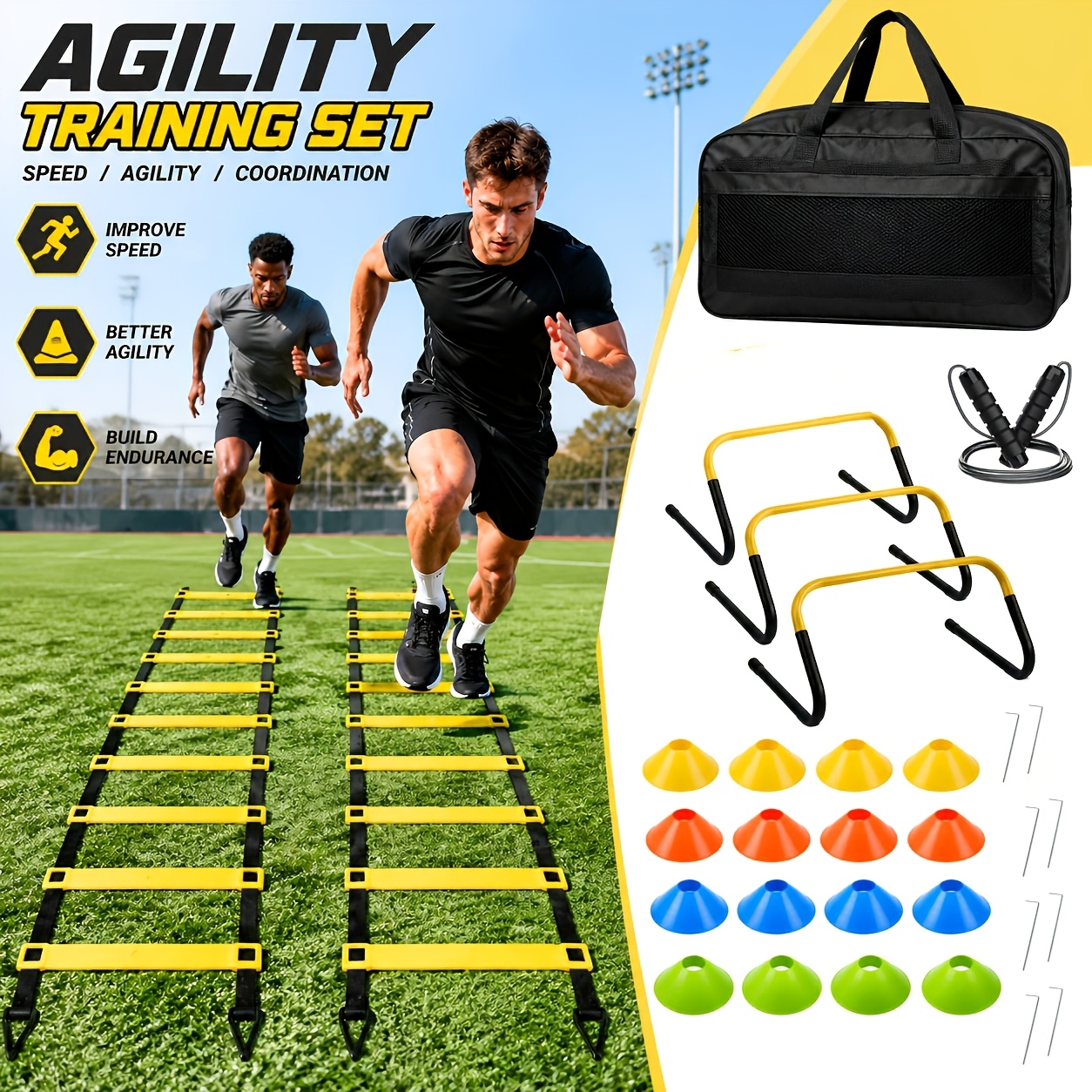Footwork kit with ladder, hurdles and rope