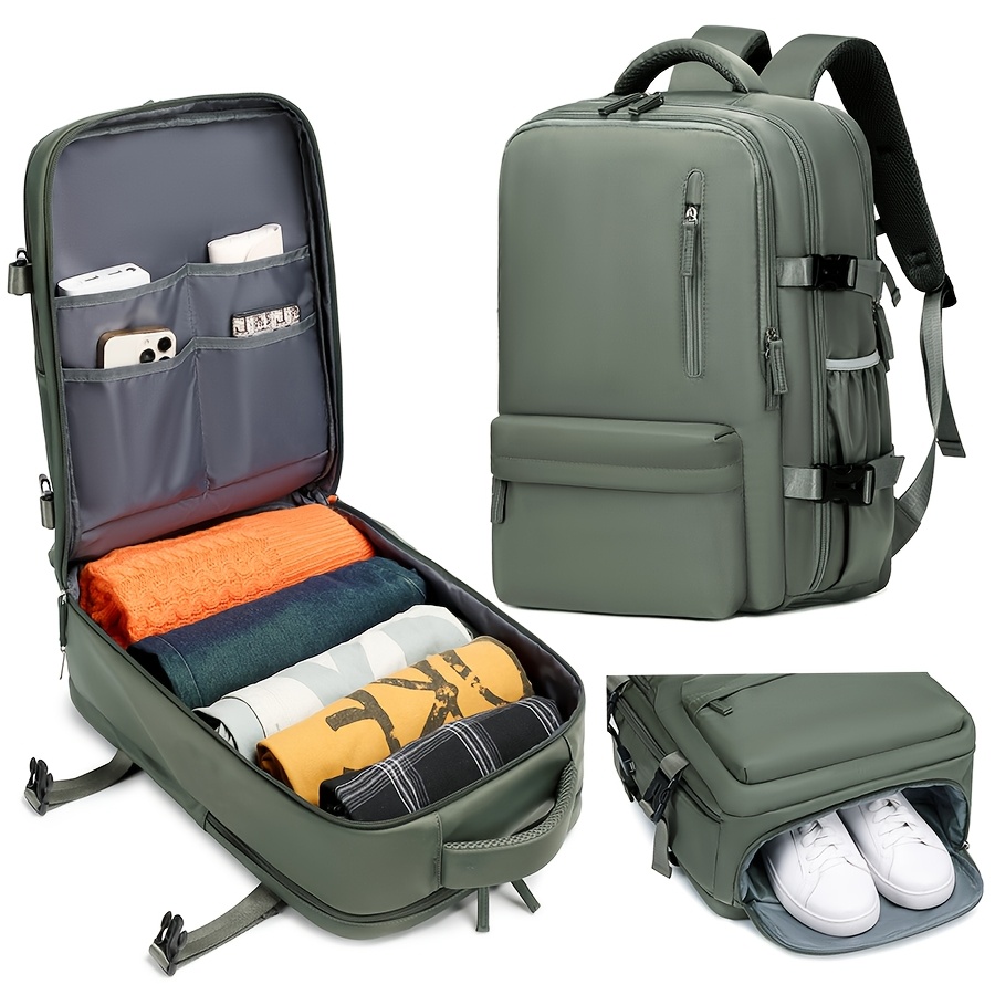 Multi-pocket travel backpack with shoe section, listed for 16-inch laptops