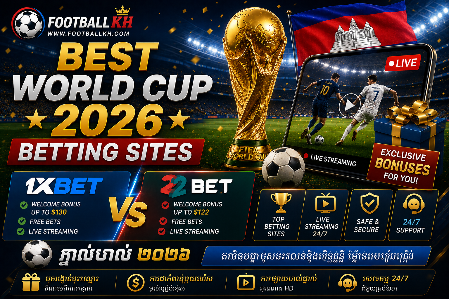 Best World Cup 2026 Betting Sites 🎯 1xBet vs 22Bet Bonuses + Live Streaming | ភ្នាល់បាល់ ២០២៦