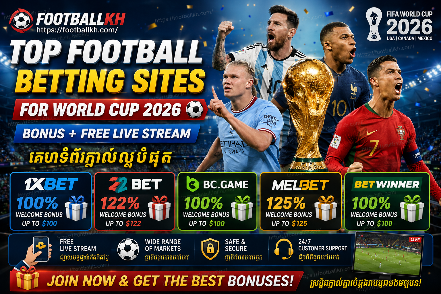 Top Football Betting Sites for World Cup 2026 Bonus + Free Live Stream | គេហទំព័រភ្នាល់ល្អបំផុត