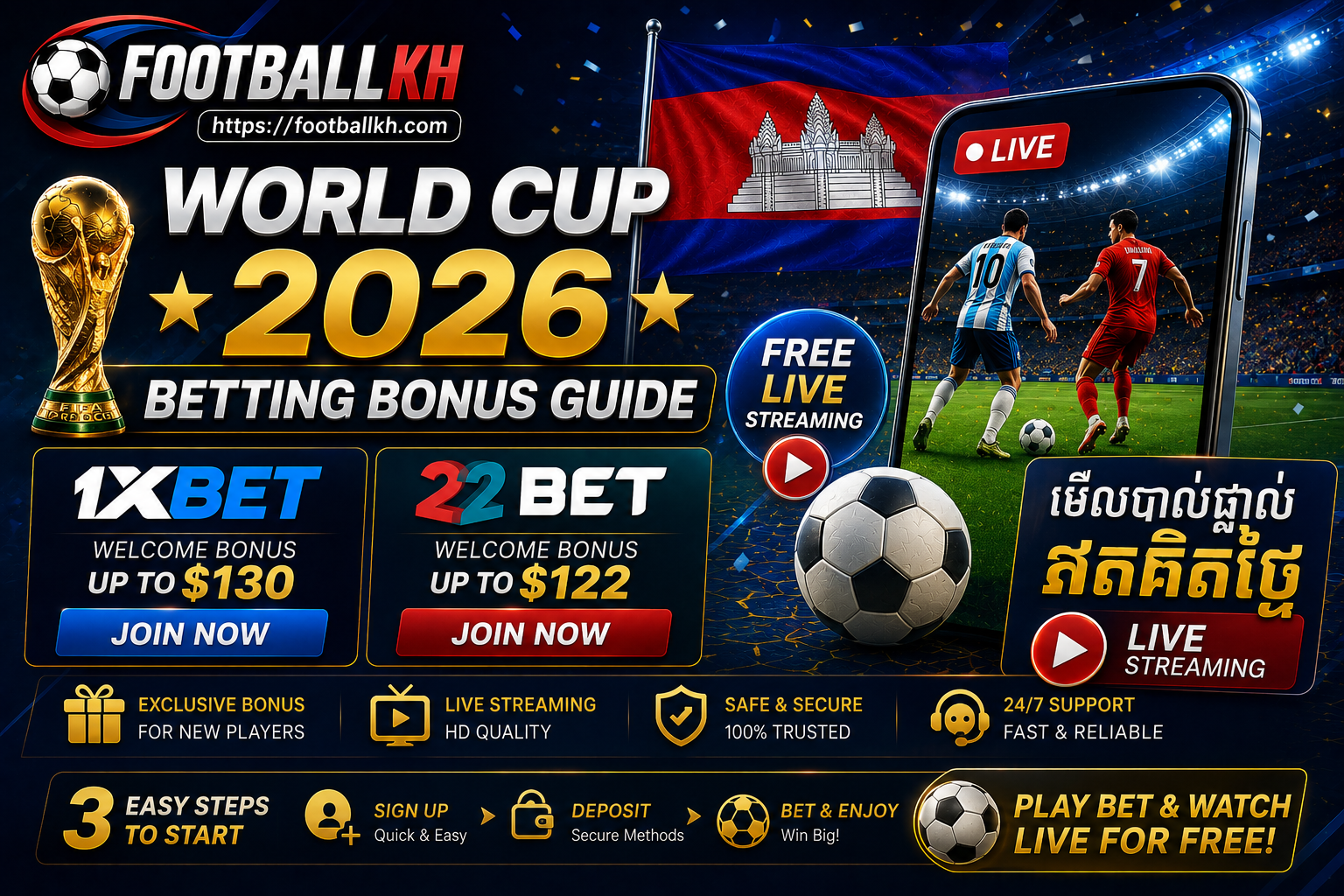 World Cup 2026 Betting Bonus Guide ⚽ 1xBet & 22Bet Free Live Streaming | មើលបាល់ផ្ទាល់ឥតគិតថ្លៃ